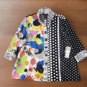 Ali Miles PXL Wearable Art Patchwork Blouse Shirt Top Artsy Oversized Polka Dot